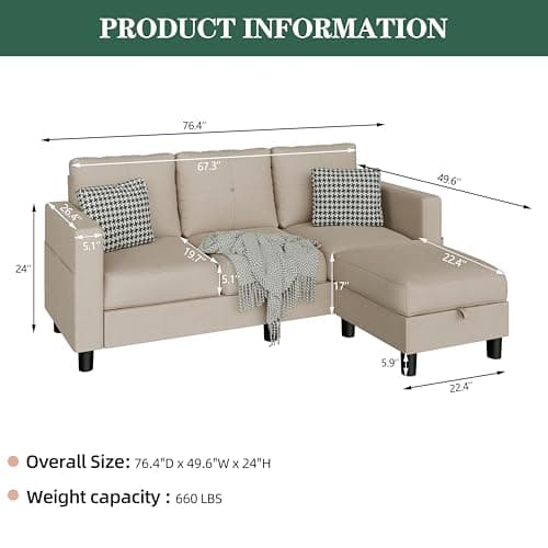 JAMFLY L-Shaped Sectional Sofas with Storage for Small Spaces, Light Brown