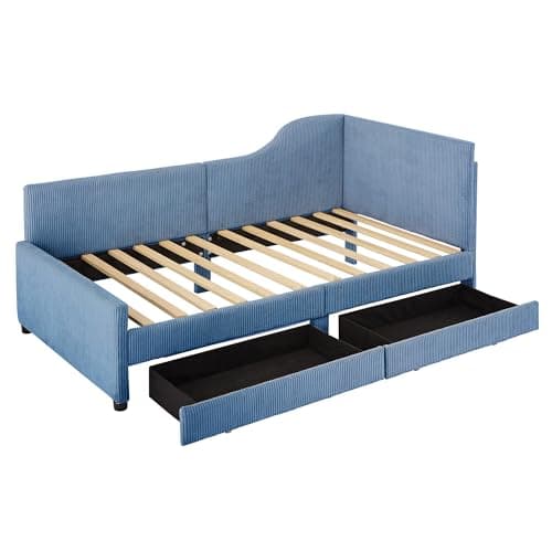 Merax Twin Size Corduroy Daybed with Storage Drawers & Wood Slat Support, Blue