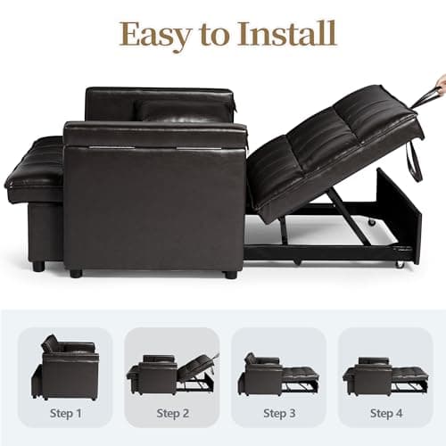 3-in-1 ORRD Convertible Sofa Bed, Faux Leather Loveseat with Pull-Out Chaise Lounge and Hidden Table