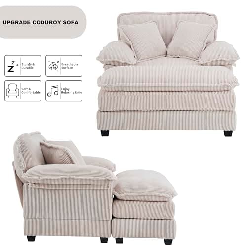 Oversized Cream White Corduroy Chaise Lounge Chair & Ottomans