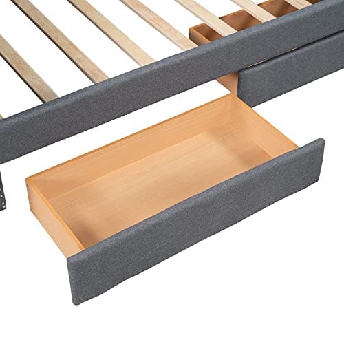 Grey Tufted Daybed with Drawers & Nailtrim Arms, Solid Wood Frame
