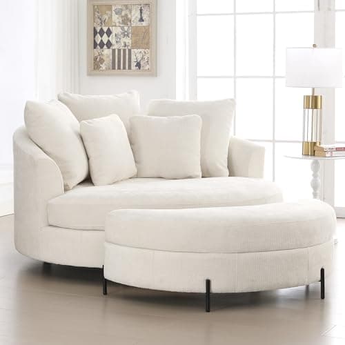 Beige Knitted Chenille Oversized Barrel Chair with Wheels & 5 Pillows