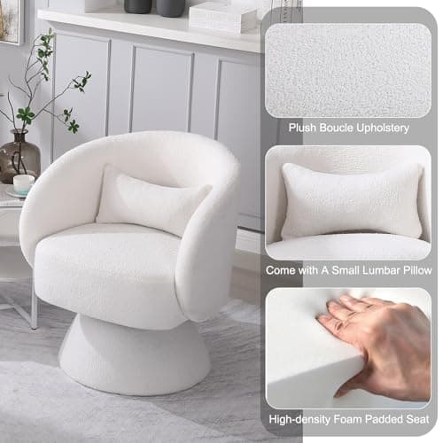 KIVENJAJA Teddy White Swivel Armchair with Pillow for Living Room