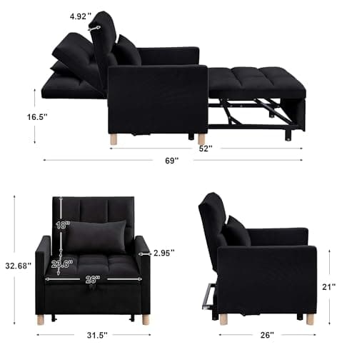 3 in 1 Convertible Sleeper Sofa, Black with Adjustable Backrest