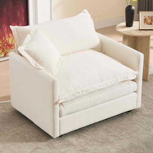 Linen White Oversized Chaise Lounge Chair with Ottoman for Living Room, Bedroom, Office