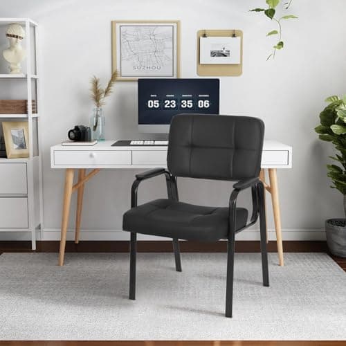 FDW Black Reception Chair with PU Leather Armrest for Home Office