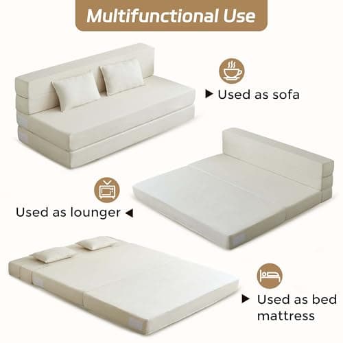 Beige Linen Foldable Mattress 3-in-1 Sofa Bed, Queen, Pillow Included