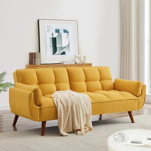 Golden Yellow Convertible Futon Sofa Bed, Linen 75" W 3 Seater with Adjustable Backrests