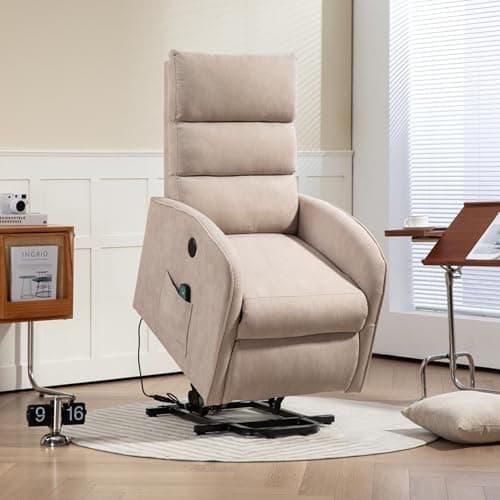 AVAWING Electric Recliner with Heat & Massage for Seniors, Khaki Fabric Side Pocket & USB Port