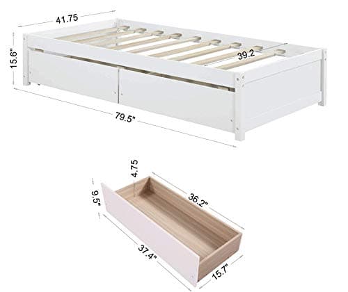 White Wood Storage Bed Frame with Drawers for Kids & Adults