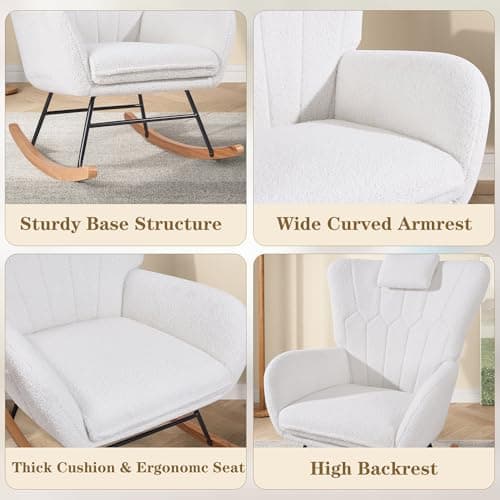 VECELO Thick Headrest Reading Glider Rocker with Side Pocket, White