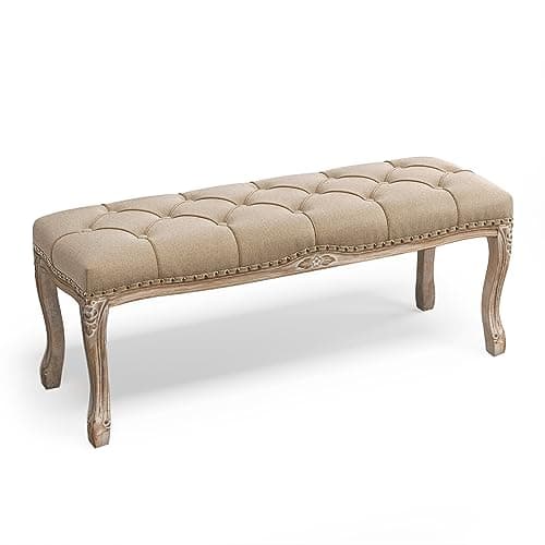 French Vintage Tufted Bench, Beige Distressed Wood Legs, Living Room, Foyer, Dining Room