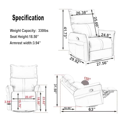 Swivel Rocker Recliner Chair for Nursery and Living Room (Light Grey)