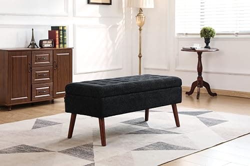 Beige Linen Tufted End of Bed Storage Bench with Solid Wood Legs