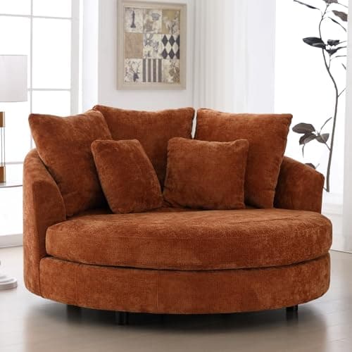 Beige Knitted Chenille Oversized Barrel Chair with Wheels & 5 Pillows