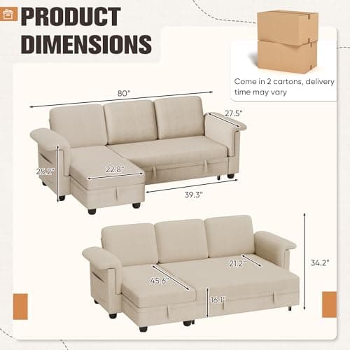 Homall Beige Linen L-Shaped Sleeper Sofa with Storage