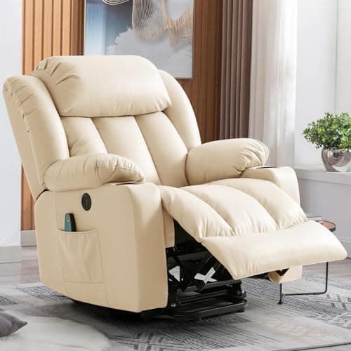 Electric Recliner Chair with Massage & Heat, Cup Holders, Remote Control, USB, Side Pockets, Leather (Beige)
