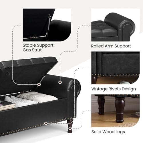 Vintage Rivet Storage Bench, Black, 51" Armless Upholstered Ottoman