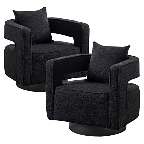 ODUWA Modern Round Boucle Swivel Chair Set of 2, Black Base, Living Room Nursery Comfortable