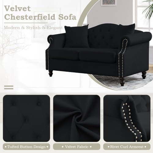 57 Button Tufted Velvet Loveseat Sofa in Black for Living Room, Bedroom, Office, Apartment