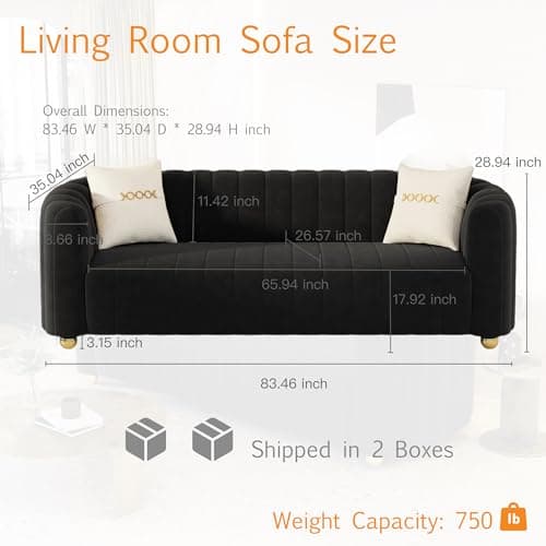 Modern 83.46" Curved Black Velvet Sofa with Gold Legs, 3-Seater for Living Room & Bedroom