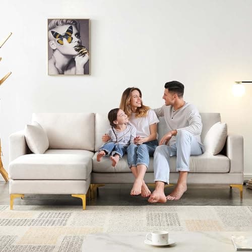 JEEOHEY Gold Metal Legs 3 Seat Oversized L-Shaped Sectional Sofa, Beige