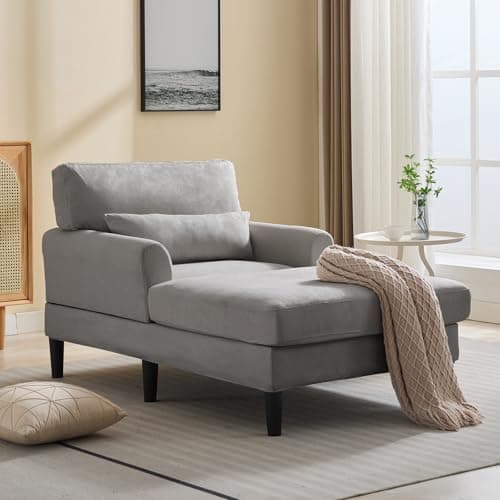 Mjkone Beige 61" Velvet Chaise Lounge Chair - Modern Sleek Recliner