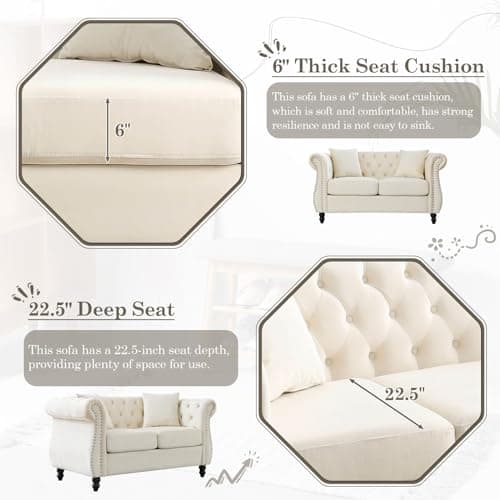 JEEOHEY Chesterfield Button Tufted Velvet 2 Seater Sofa, Mid Century Modern Beige