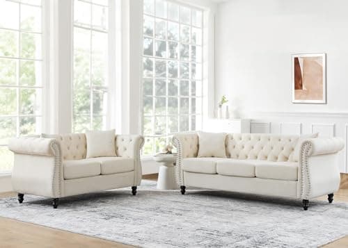 Mid Century Modern Chesterfield Sofa Set, Velvet Couch with Tufted Buttons & Nailhead Trim