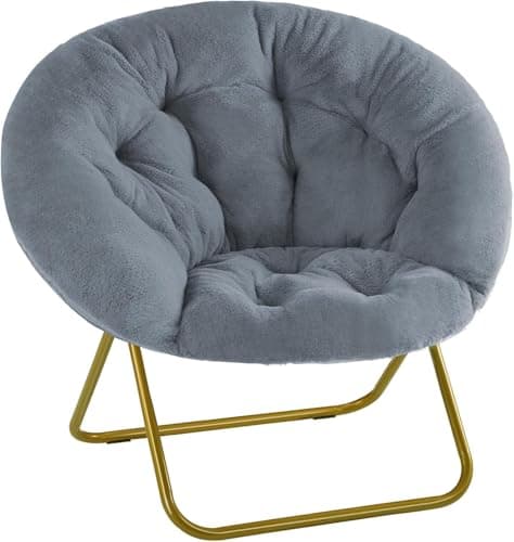 YSSOA Grey Foldable Faux Fur Saucer Chair for Adults & Teens