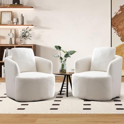 CANMOV Round Swivel Accent Chair, White, Comfy Teddy Boucle Armchair with Pillow