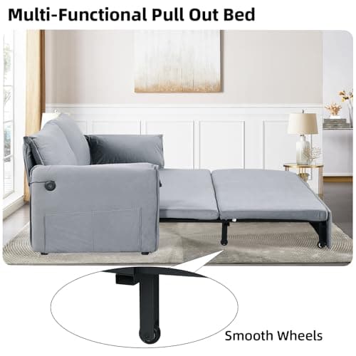 3-in-1 Queen Size Futon Sofa Bed with USB, Side Storage, Grey