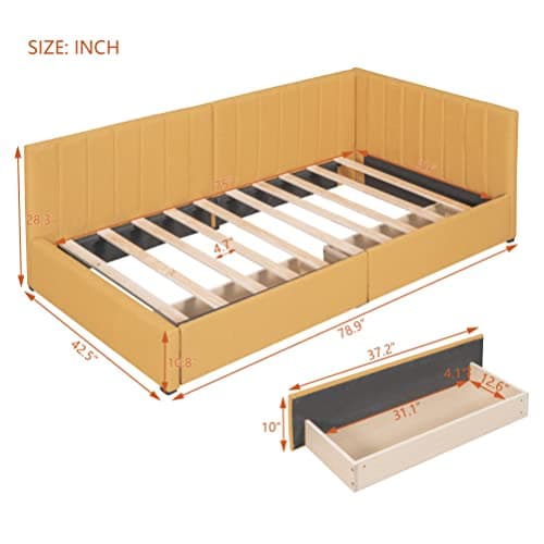 Upholstered Daybed with Storage Drawers and Wood Slats, Linen Fabric Sofa Bed Frame - Twin Size (Yellow)