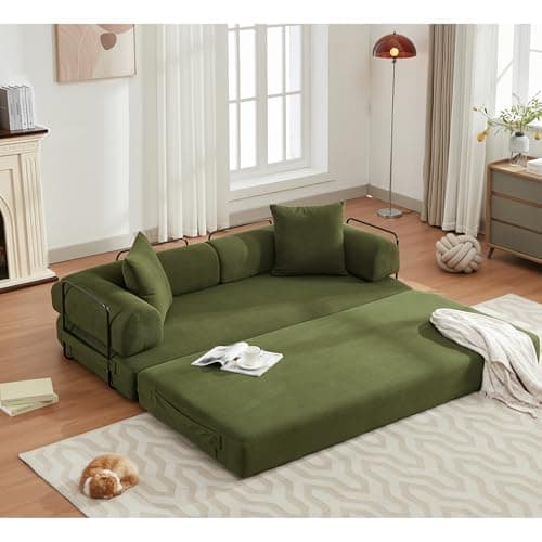 Beige Cylindrical Pillow Convertible Sleeper Sofa Bed