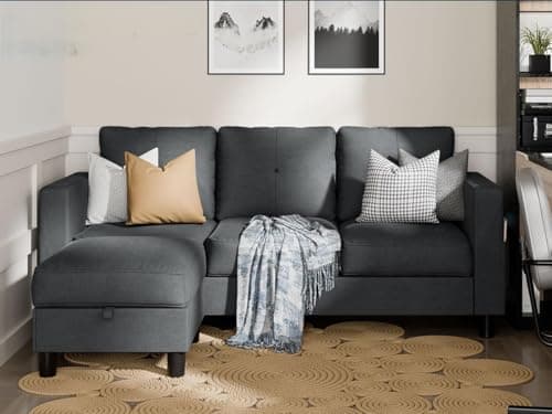 SUNLEI Movable Ottoman Storage L-Shaped Couch, Dark Grey Linen, Living Room Fit Small Spaces