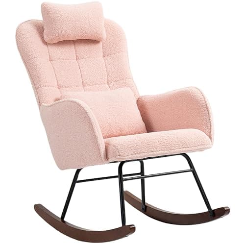 HOMCOM Teddy Fleece Rocking Chair with Headrest, Cream White