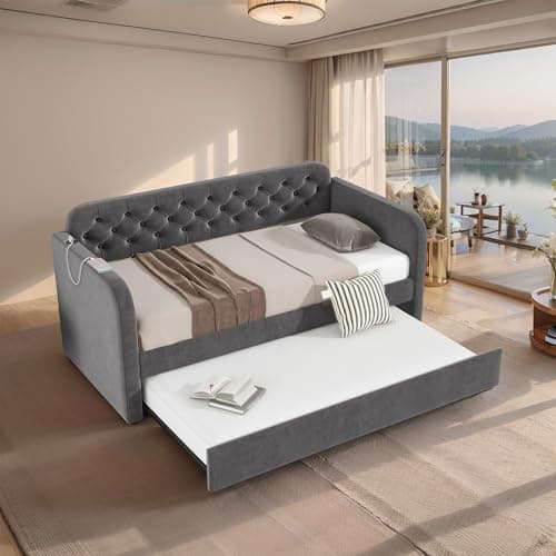 Dark Grey Button Tufted Twin Daybed with Trundle & USB Port (No Box Spring)