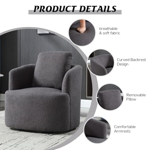 CANMOV Dark Grey Teddy Boucle Swivel Chair, 360 Degree Living Room & Bedroom Accent