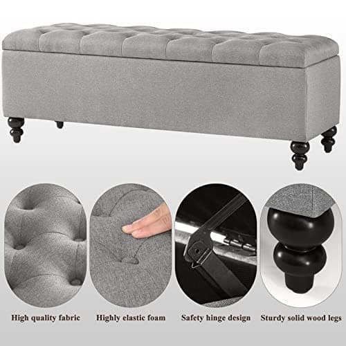 Upholstered Fabric Storage Ottoman Bench - 50.2 Inches, Button Tufted, Grey