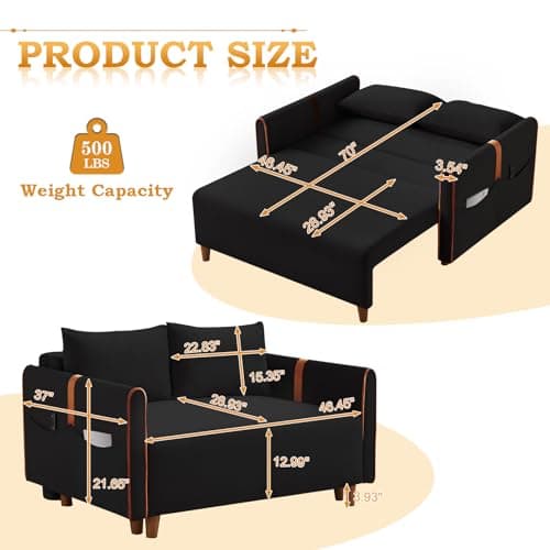 Convertible Sleeper Sofa Bed with Pull Out Bed, Comfy Velvet Loveseat Couch Bed with Storage, Pillows for Living Room, Apartment, Black