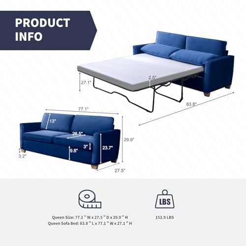 ZAFLY 77" Pull Out Sofa Bed, Memory Foam Mattress - Blue