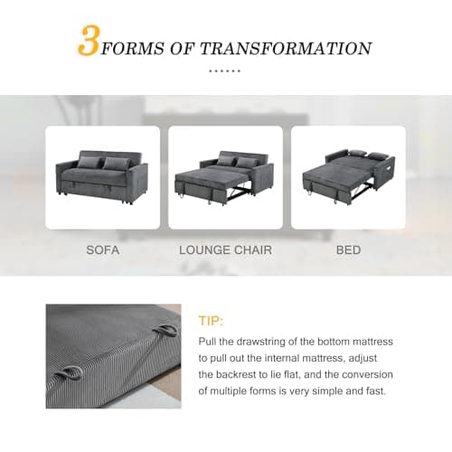 3-in-1 Grey Corduroy Futon Sofa Bed with Adjustable Backrest