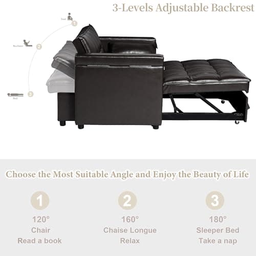 3-in-1 ORRD Convertible Sofa Bed, Faux Leather Loveseat with Pull-Out Chaise Lounge and Hidden Table