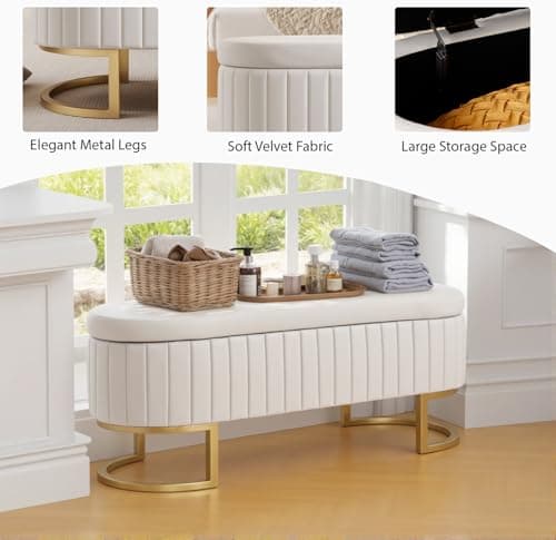 50" Velvet Ottoman Bench, Gold Legs, 300lb Seat, Ivory End Table Bench