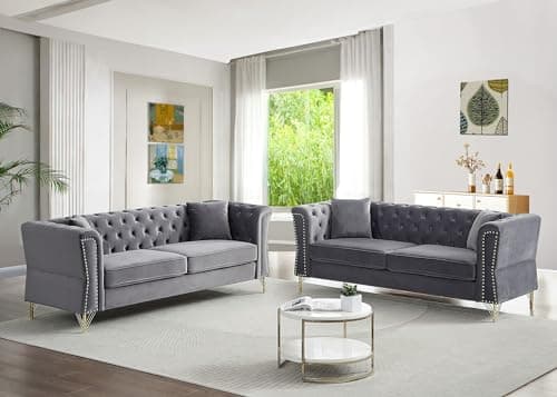 Velvet Chesterfield 3 Seater Sofa and Comfy Couch Set for Living Room, Bedroom, Office, Apartment