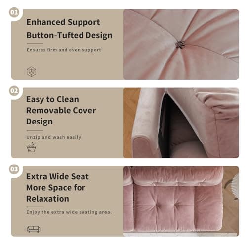 Modern 105" Scrub Velvet LoveSofa with 2 Pillows, Deep Seat Couch, Pink