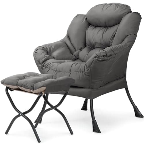 Beige Modern Lounge Chair with Ottoman & Side Pocket (Living Room)
