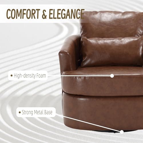 Brown PU Ergonomic Swivel Barrel Chair with Dual Pillow Support