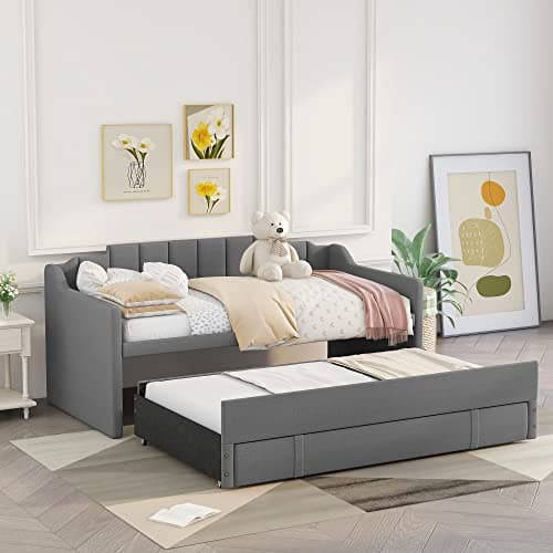 Grey Upholstered Daybed with Trundle and 3 Storage Drawers.
