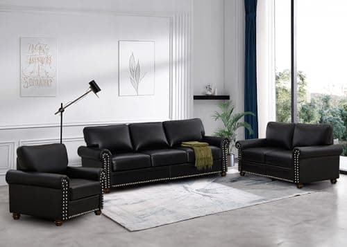 3 Piece Faux Leather Sofa Set with Storage, Navy Blue